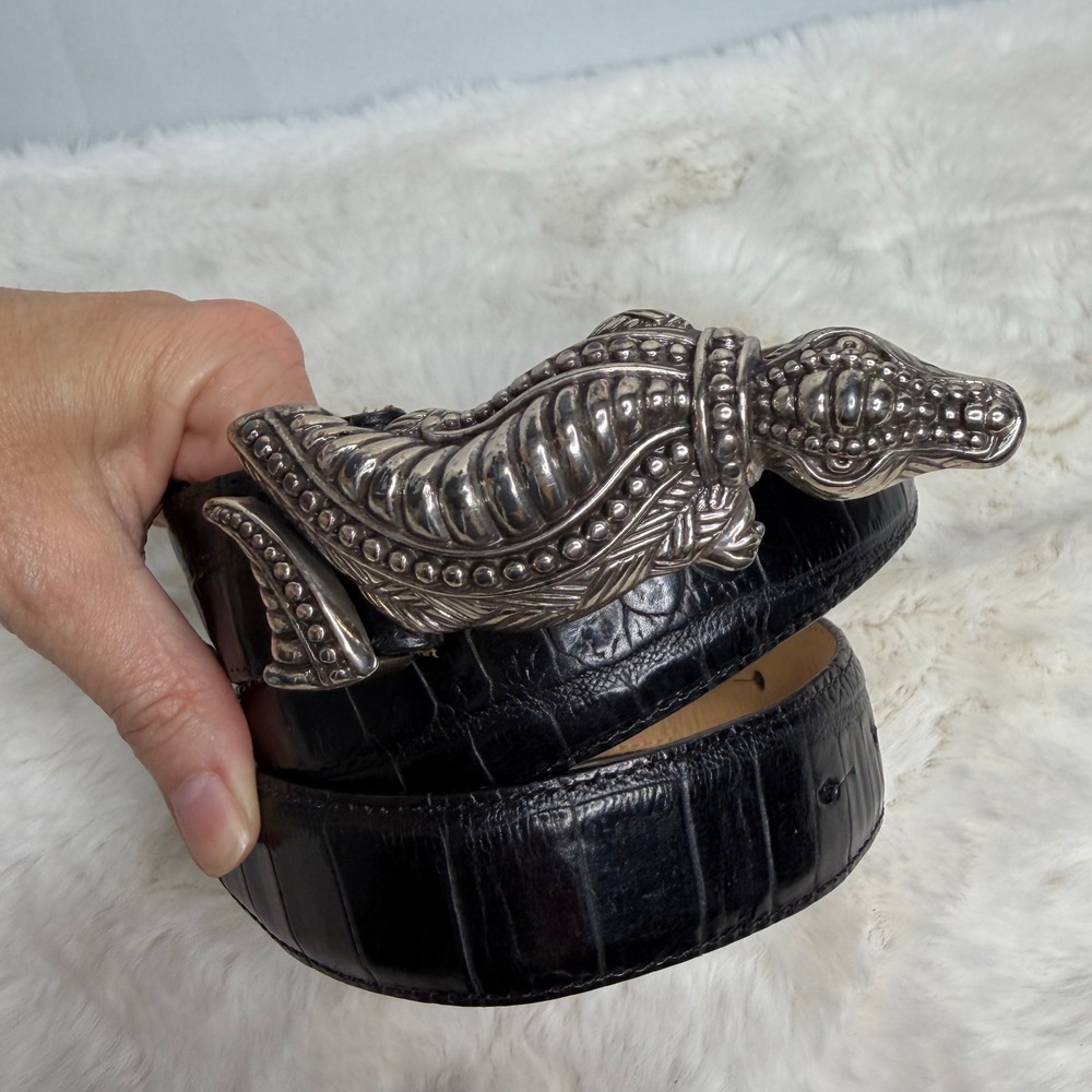 Brighton Vintage 1995 Western Black Croc Embossed Leather Alligator Buckle Belt